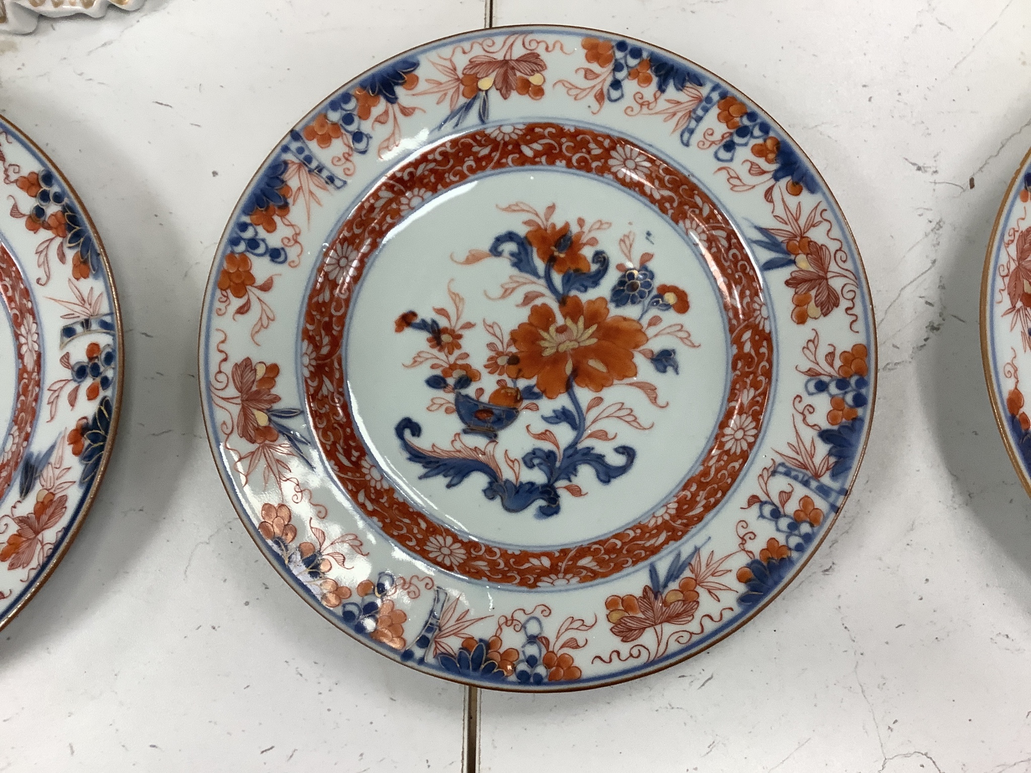 Three 18th century Chinese Imari plates and two 19th century Japanese Imari plates